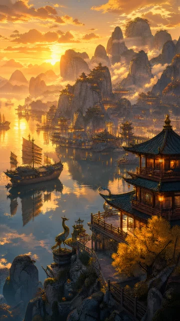 璃月夕照山海手机壁纸