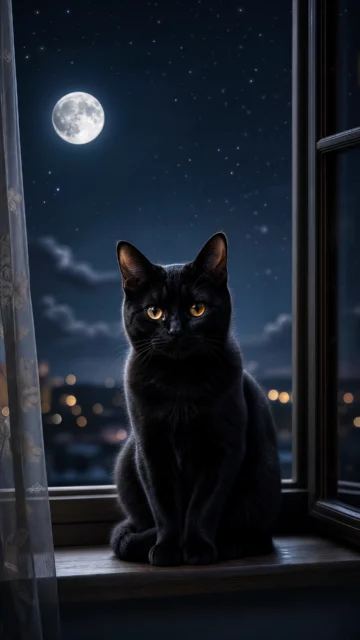 月光窗台上的小黑猫手机壁纸