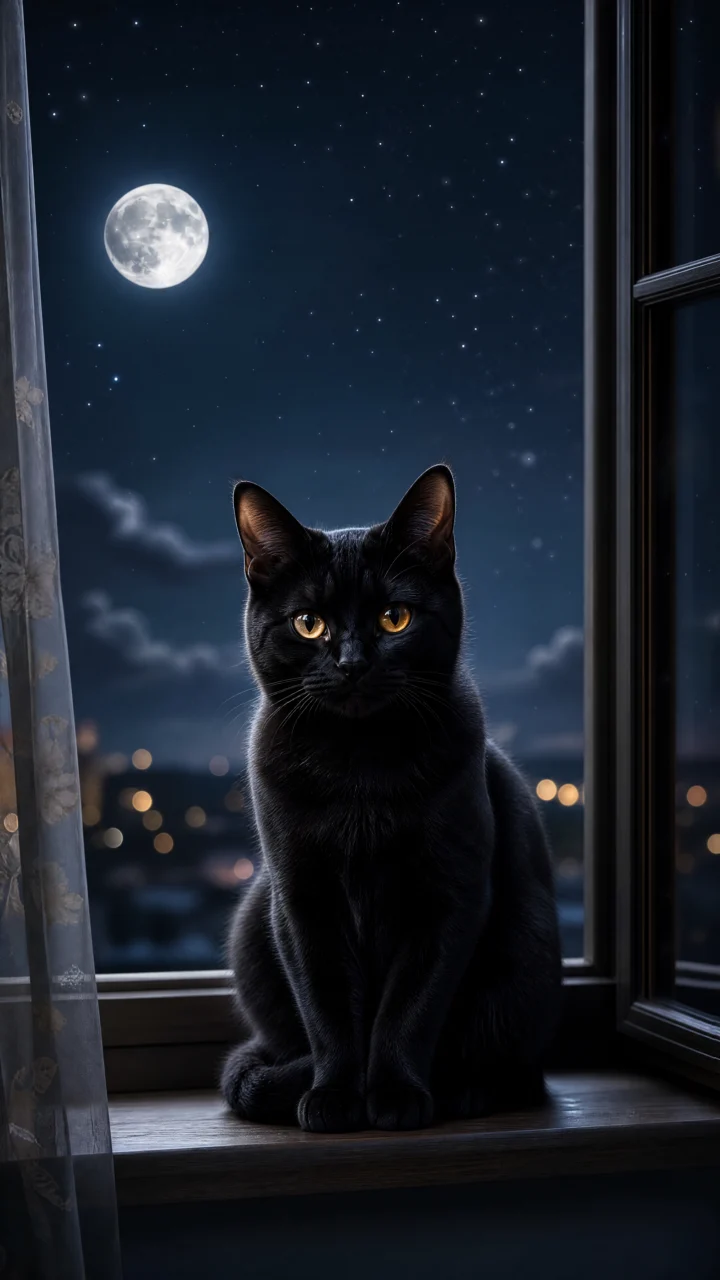 月光窗台上的小黑猫手机壁纸