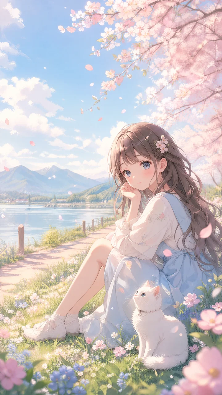 治愈动漫湖畔少女手机壁纸