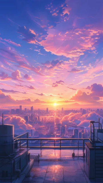 夕阳下的梦幻动漫城市壁纸