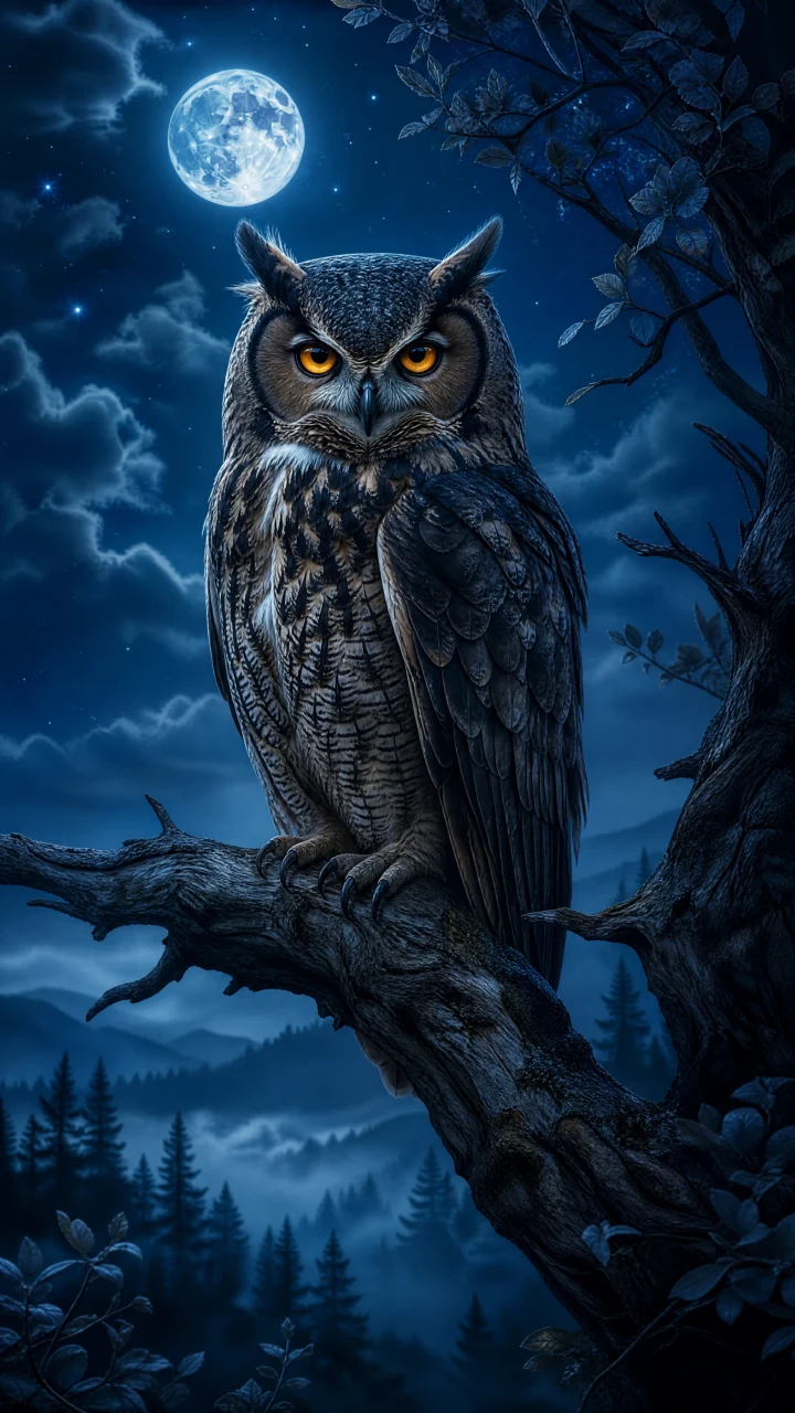 月夜猫头鹰手机壁纸