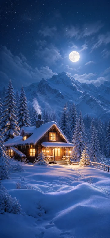雪地小屋冬夜手机壁纸