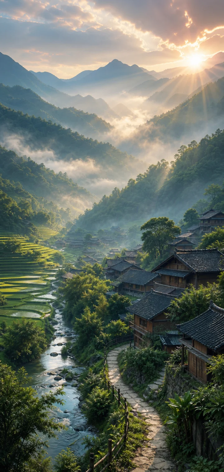 清晨山村风景手机壁纸
