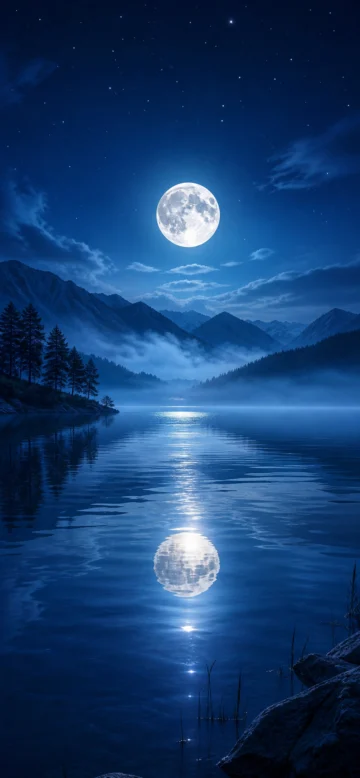 月亮倒影静夜湖面手机壁纸
