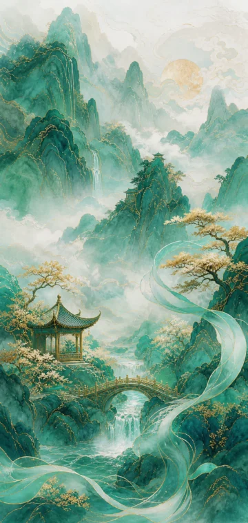 青绿山水国风手机壁纸