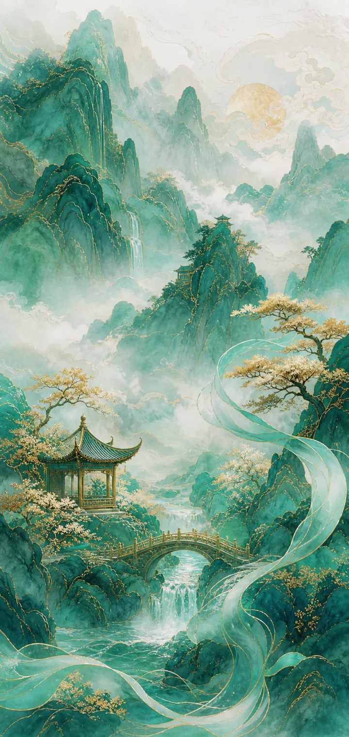 青绿山水国风手机壁纸