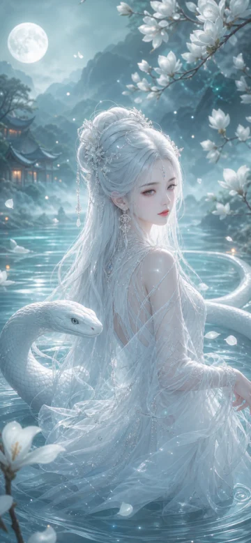 白蛇仙子月下灵雾手机壁纸
