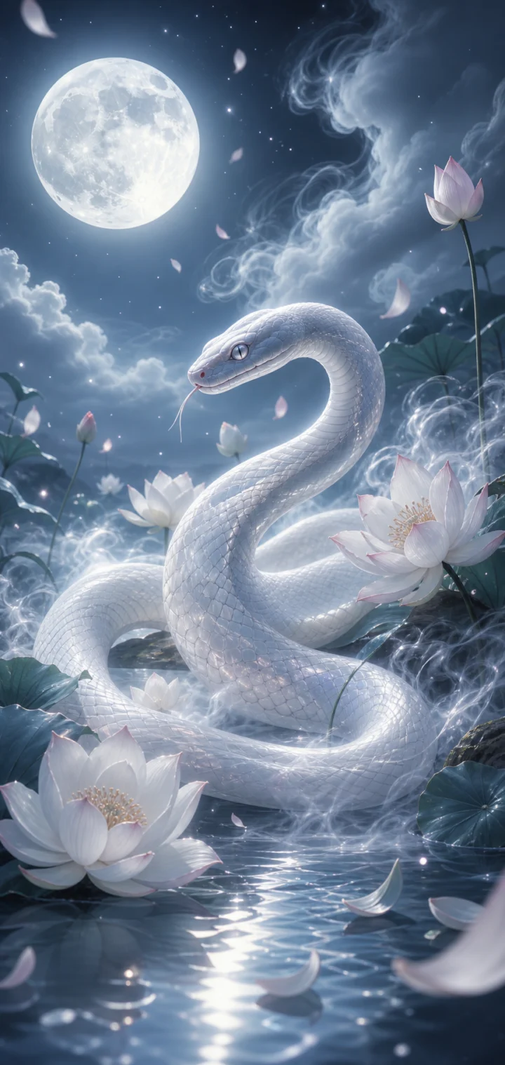 白蛇梦境月夜壁纸