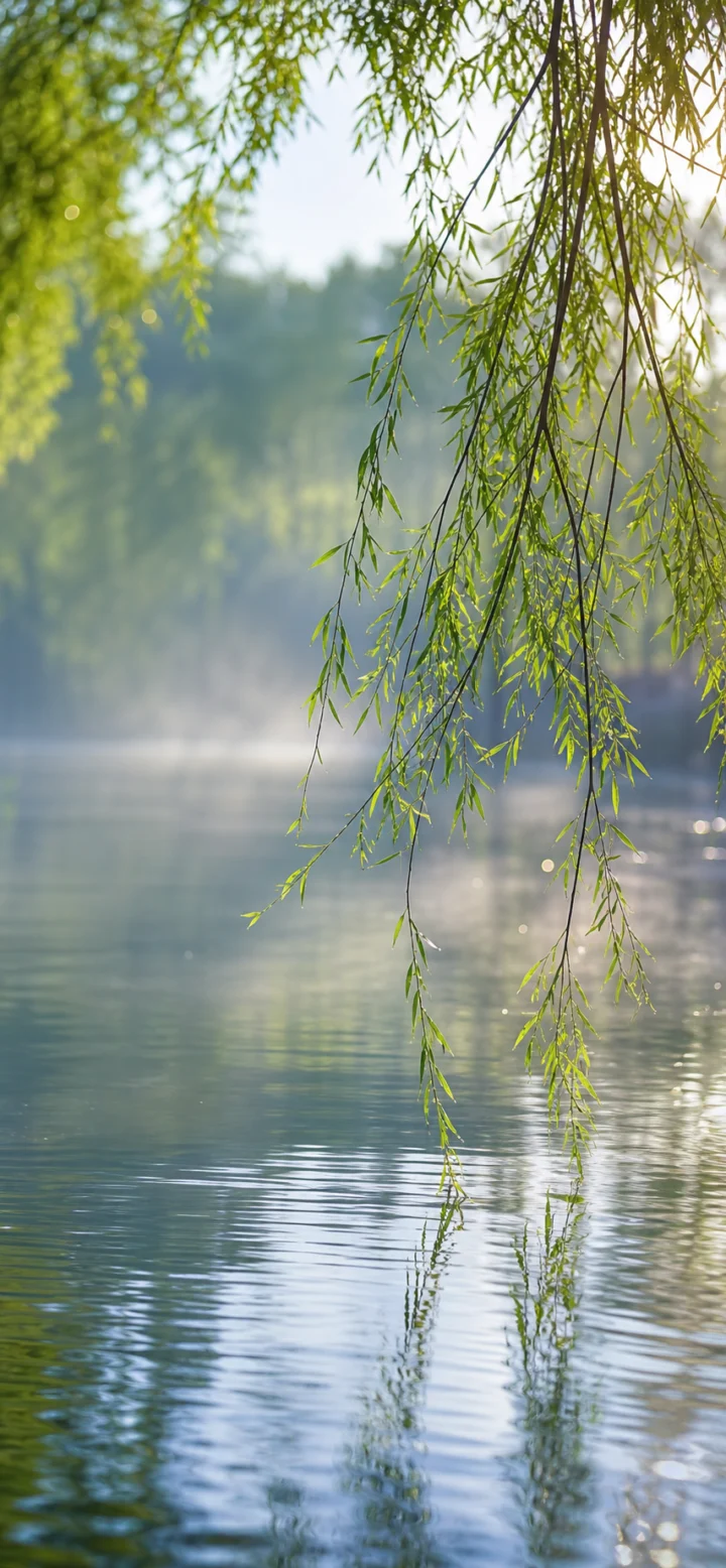柳枝轻拂春日湖畔手机壁纸