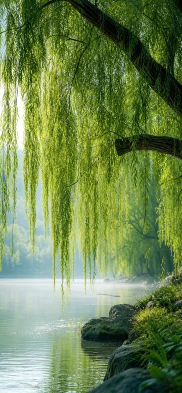 绿柳成荫春日湖畔手机壁纸