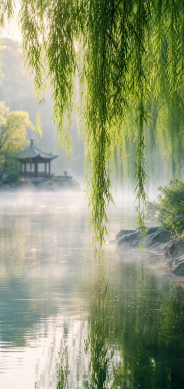 水岸柳枝清新手机壁纸