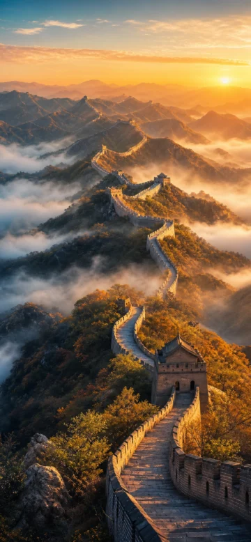 晨雾中的长城山脉手机壁纸