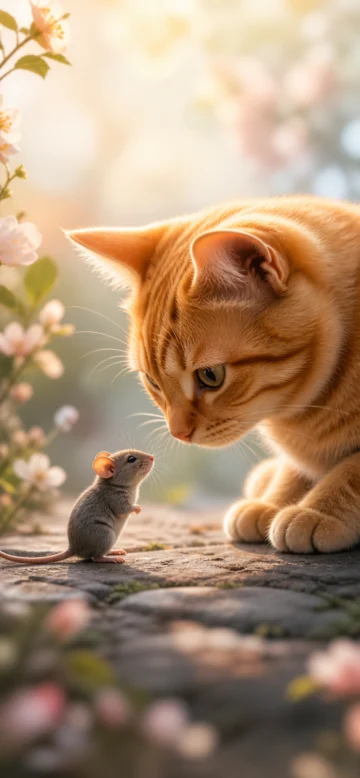 橘猫与灰鼠的温柔相遇手机壁纸