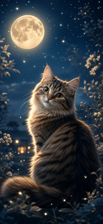 机灵猫咪月光手机壁纸
