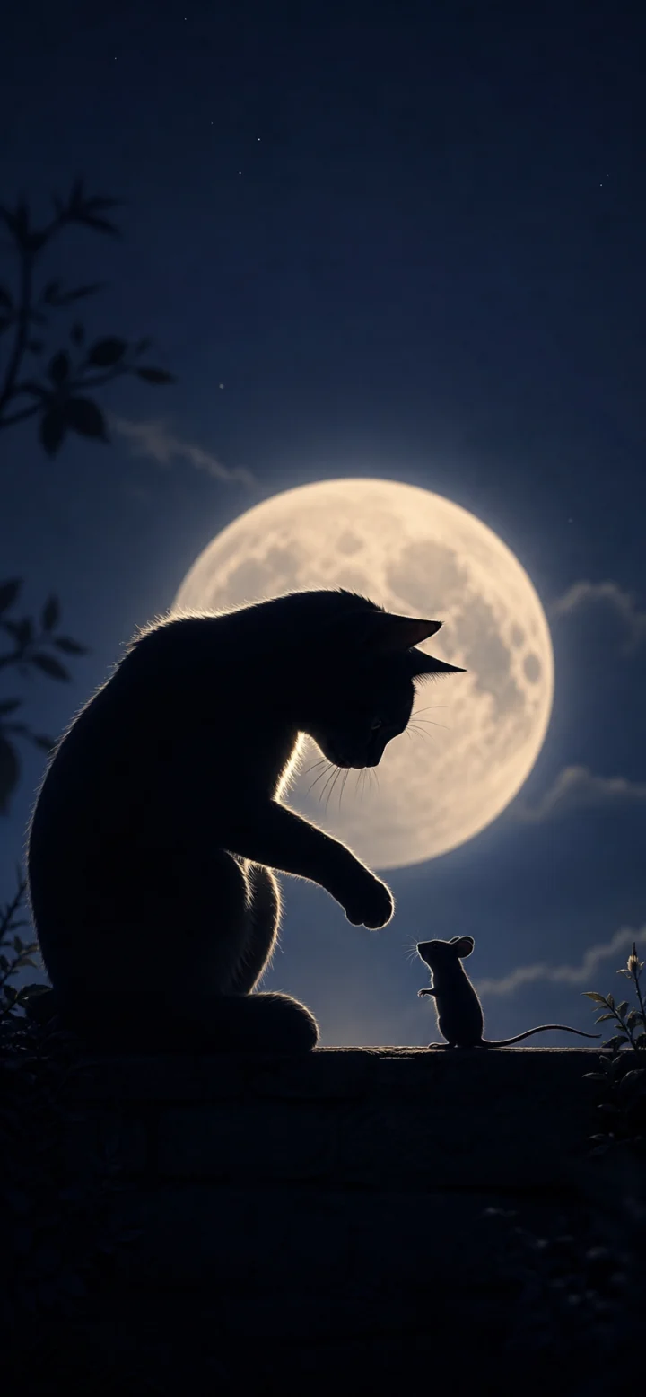月夜猫鼠剪影手机壁纸