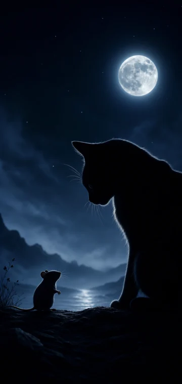 月夜猫鼠剪影手机壁纸