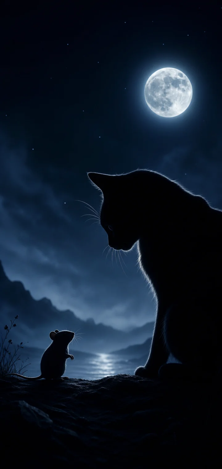 月夜猫鼠剪影手机壁纸