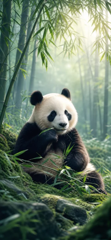 竹林晨雾中的自然熊猫手机壁纸