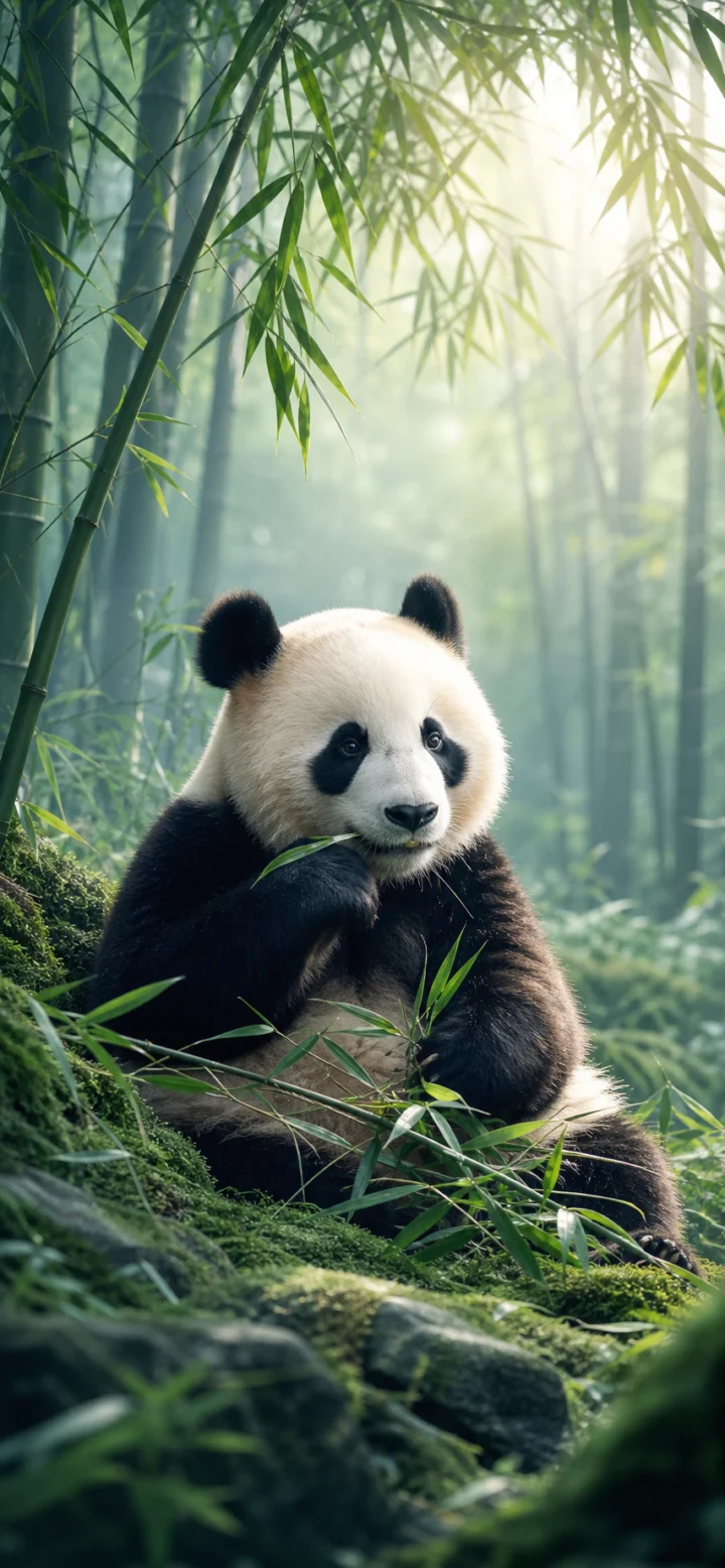 竹林晨雾中的自然熊猫手机壁纸