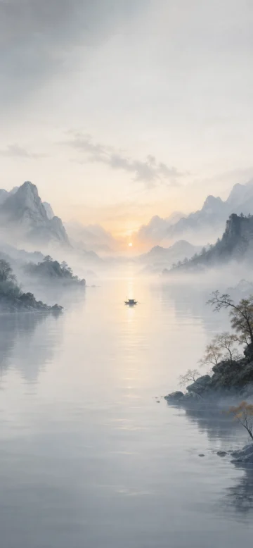 孤舟远影静谧江景手机壁纸