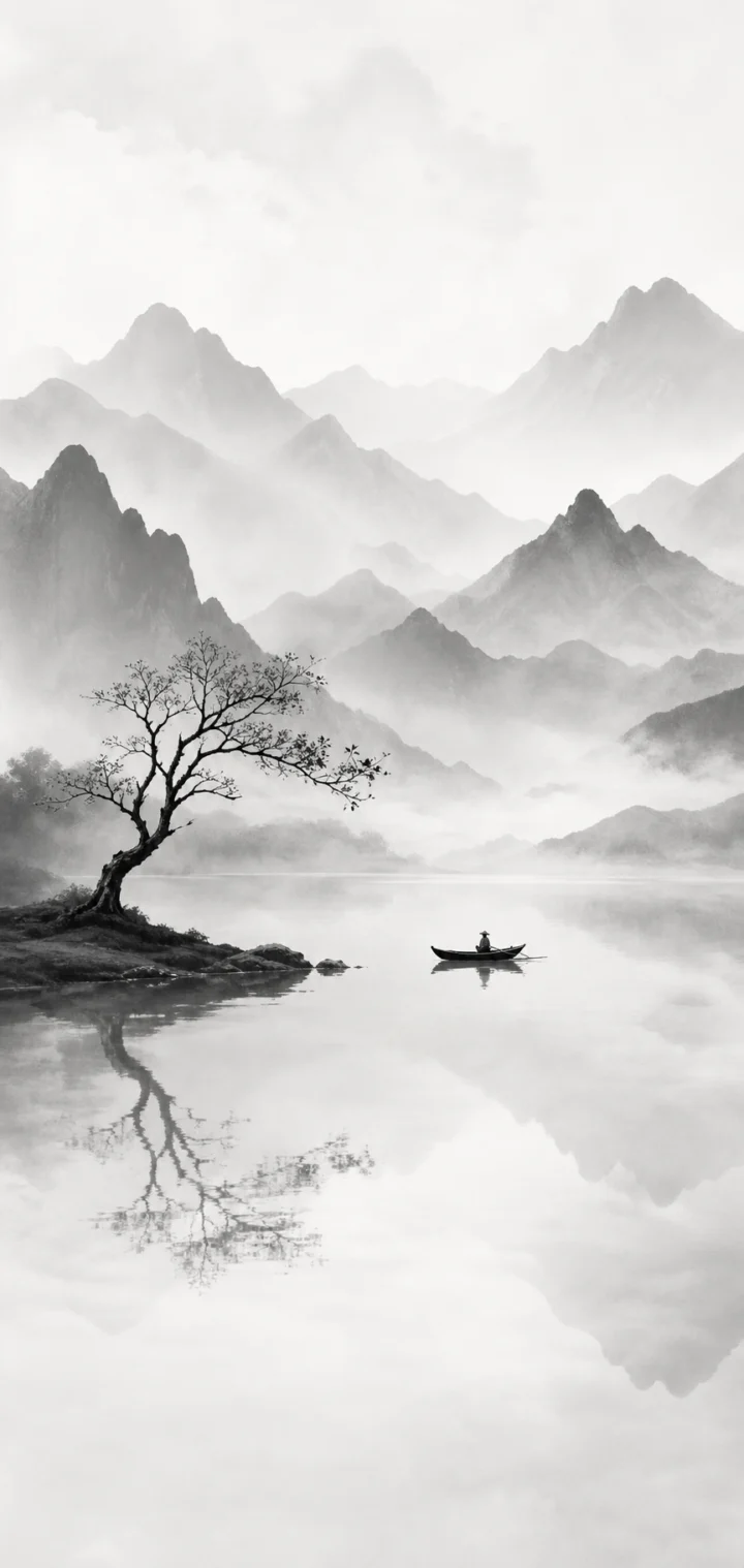 黑白意境山水手机壁纸
