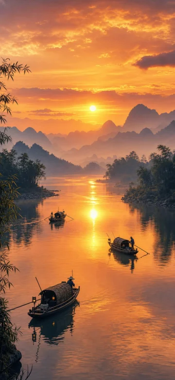 渔舟唱晚夕阳江景手机壁纸