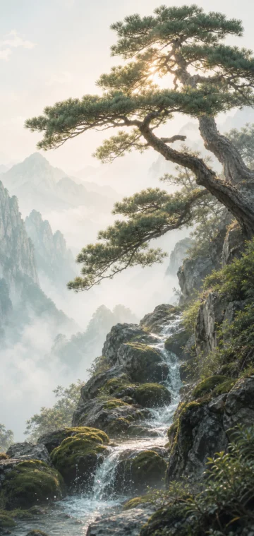 松下听泉禅意手机壁纸