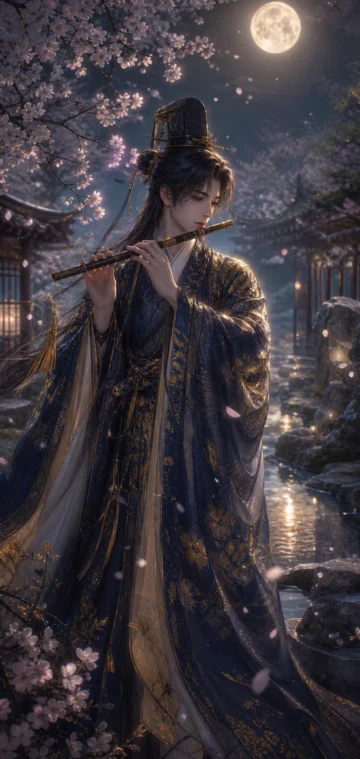 源博雅月夜笛影手机壁纸