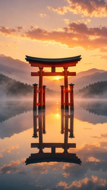 雾湖朱红鸟居手机壁纸