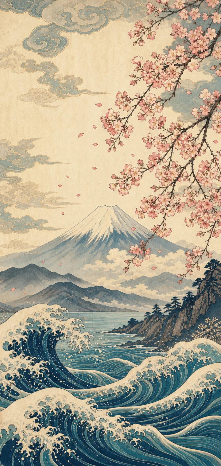 浮世绘海浪樱花手机壁纸