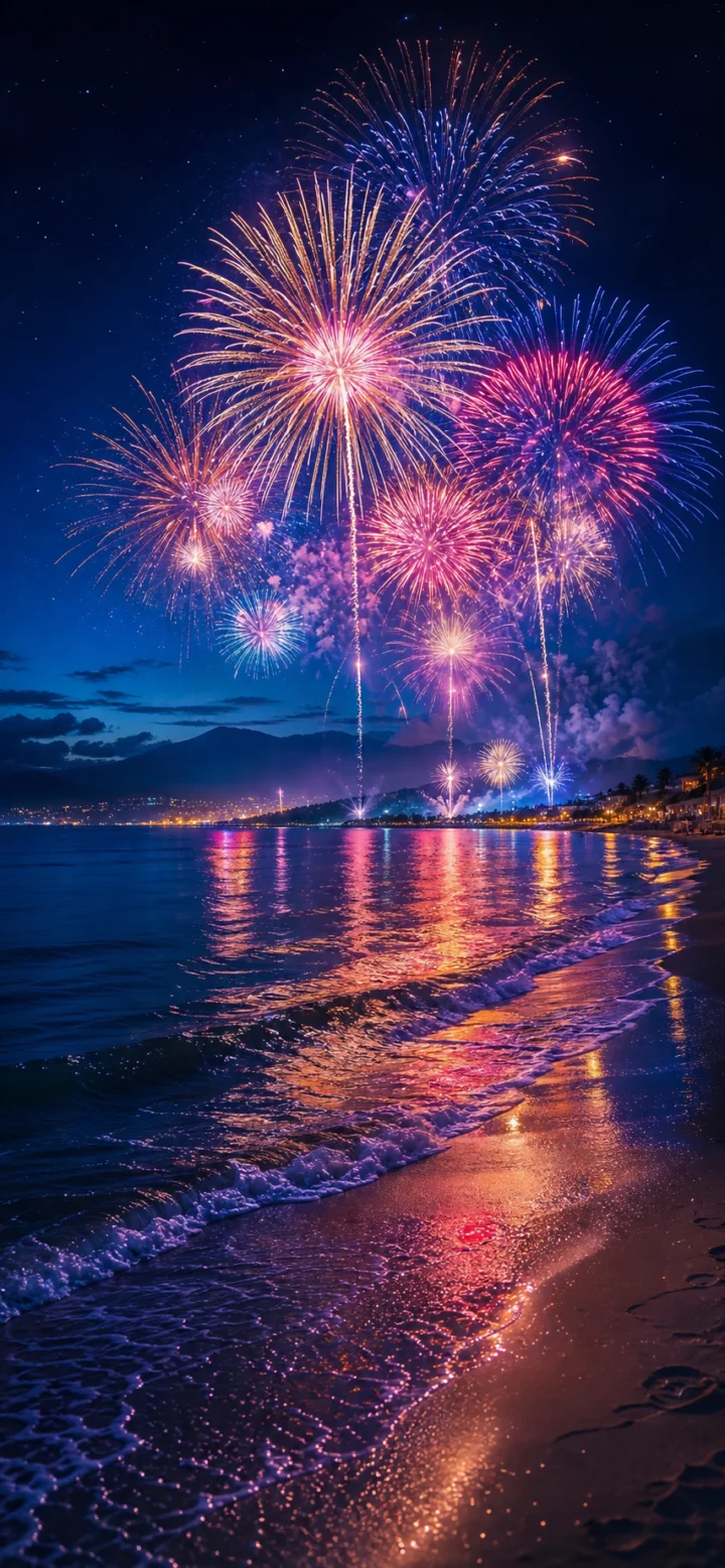 海边烟花夜景手机壁纸