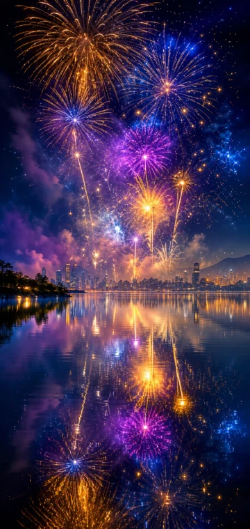 烟花倒影夜景手机壁纸