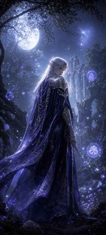 月光森林中的幻想角色手机壁纸