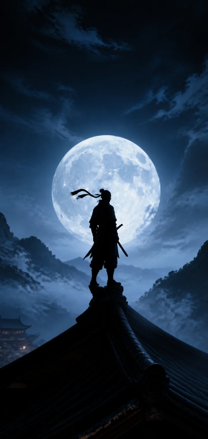 月夜忍者剪影手机壁纸