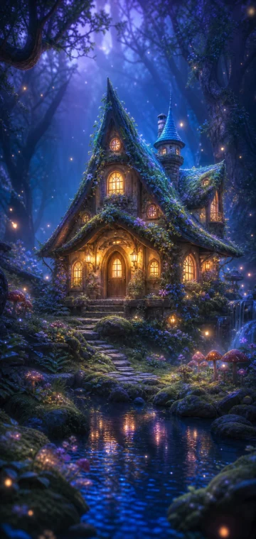 月光森林里的魔法小屋手机壁纸