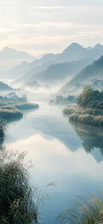 汨罗江晨雾诗意手机壁纸