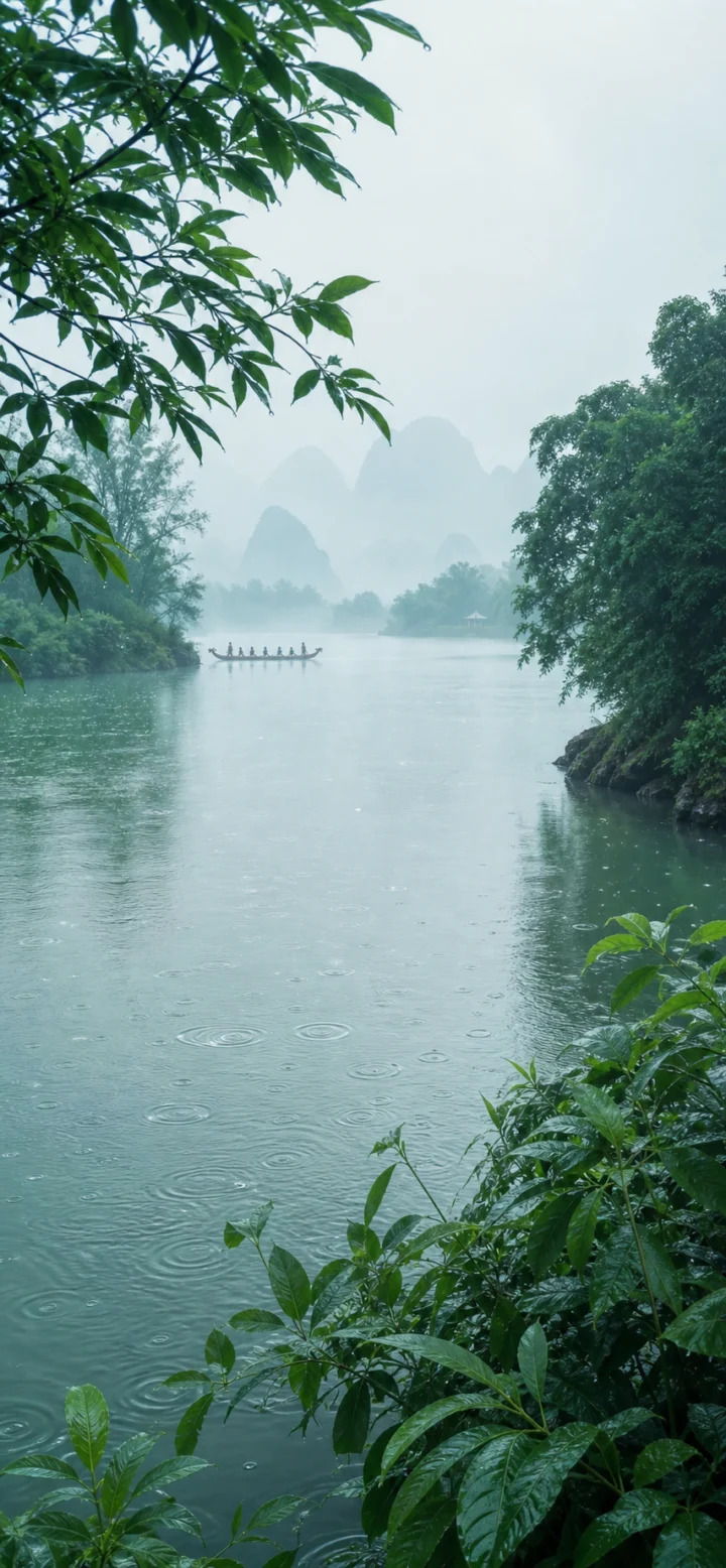 龙舟水烟雨江面手机壁纸