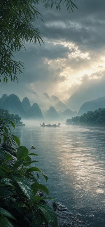 龙舟水烟雨江面手机壁纸